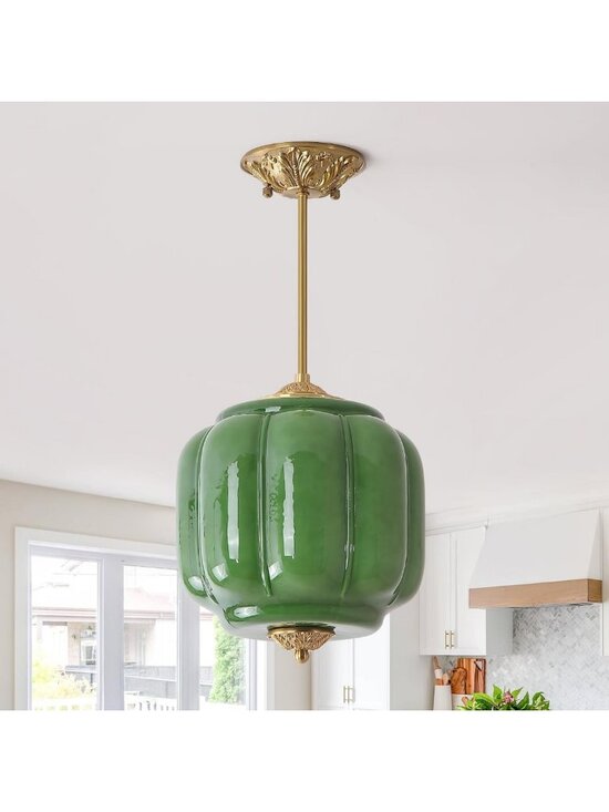 Other - Vintage Green Milk Glass Pendant Light Chandelier, Antique Brass, Mid Century